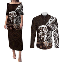Hafa Adai Guam Discovery Day Couples Matching Puletasi and Long Sleeve Button Shirt Chamorro Latte Stone Hand Brown Version