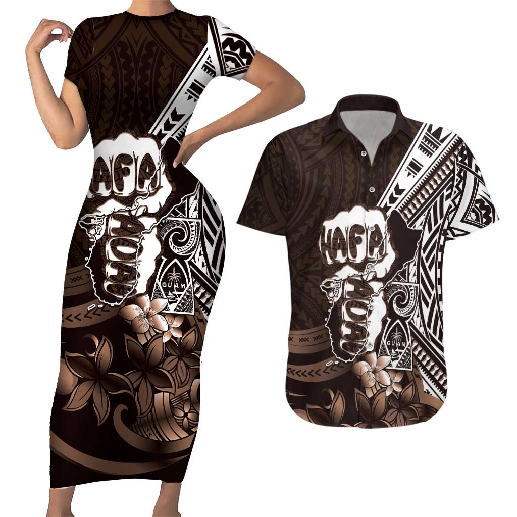 Hafa Adai Guam Discovery Day Couples Matching Short Sleeve Bodycon Dress and Hawaiian Shirt Chamorro Latte Stone Hand Brown Version