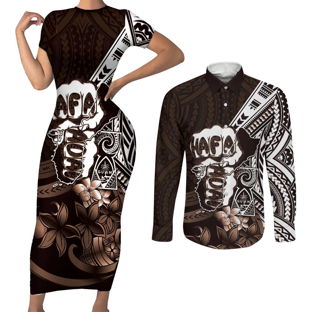 Hafa Adai Guam Discovery Day Couples Matching Short Sleeve Bodycon Dress and Long Sleeve Button Shirt Chamorro Latte Stone Hand Brown Version