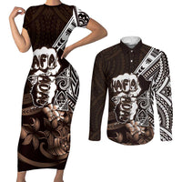 Hafa Adai Guam Discovery Day Couples Matching Short Sleeve Bodycon Dress and Long Sleeve Button Shirt Chamorro Latte Stone Hand Brown Version
