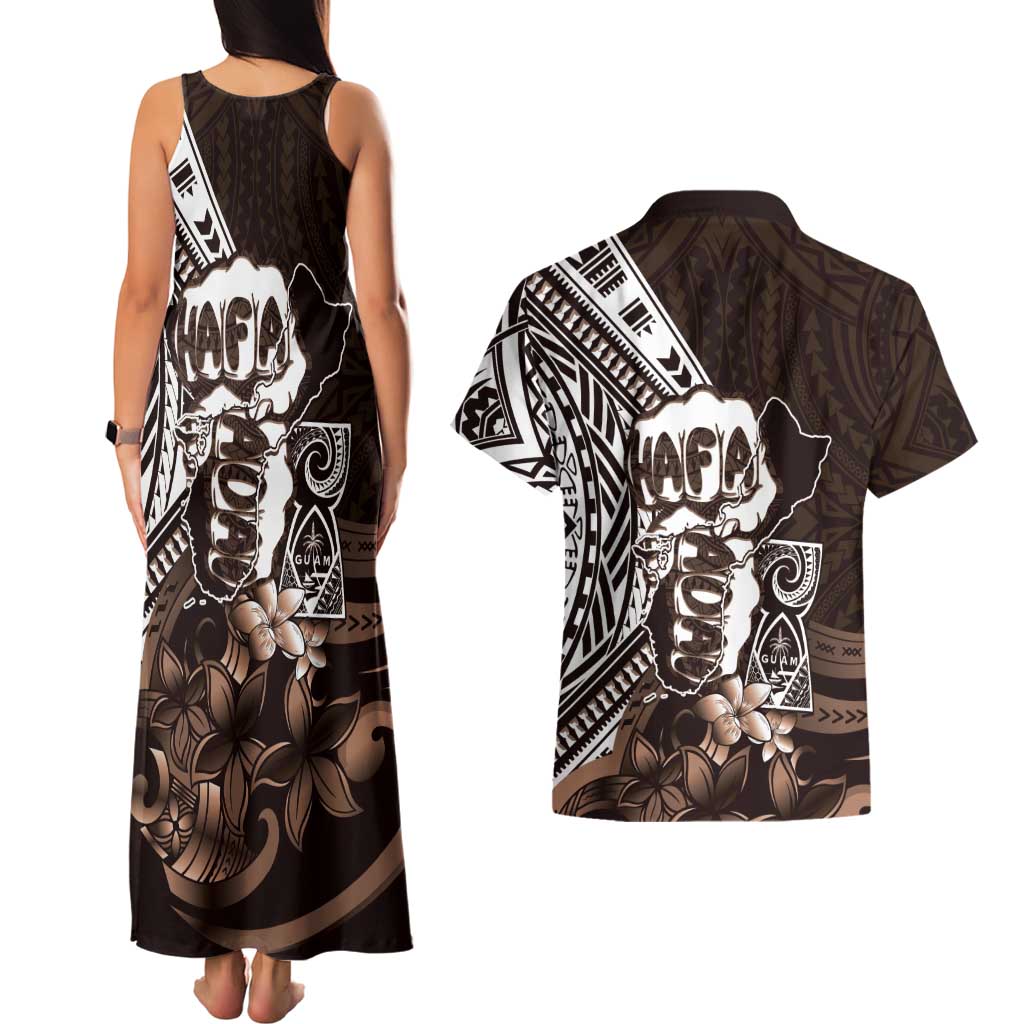 Hafa Adai Guam Discovery Day Couples Matching Tank Maxi Dress and Hawaiian Shirt Chamorro Latte Stone Hand Brown Version