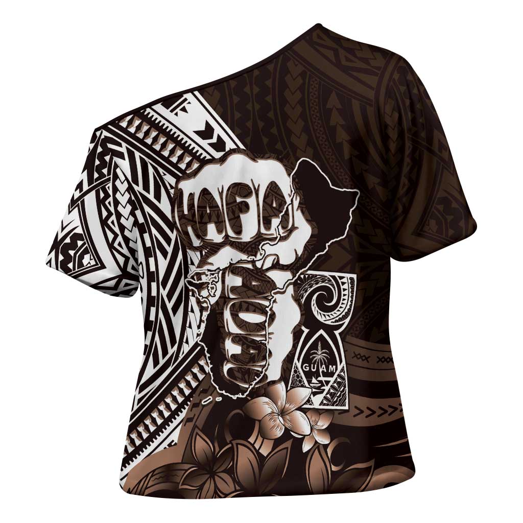 Hafa Adai Guam Discovery Day Cross Shoulder Shirt Chamorro Latte Stone Hand Brown Version