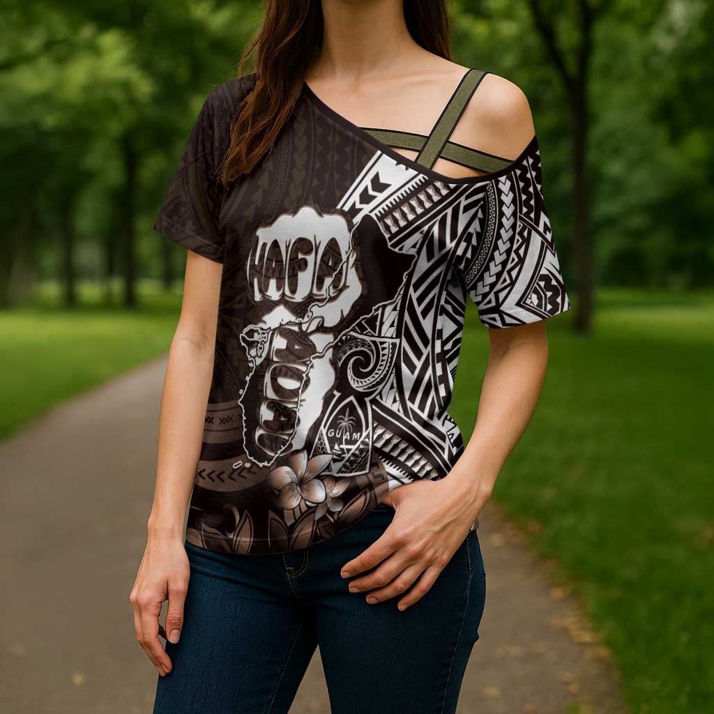 Hafa Adai Guam Discovery Day Cross Shoulder Shirt Chamorro Latte Stone Hand Brown Version