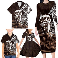 Hafa Adai Guam Discovery Day Family Matching Long Sleeve Bodycon Dress and Hawaiian Shirt Chamorro Latte Stone Hand Brown Version
