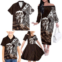 Hafa Adai Guam Discovery Day Family Matching Off The Shoulder Long Sleeve Dress and Hawaiian Shirt Chamorro Latte Stone Hand Brown Version