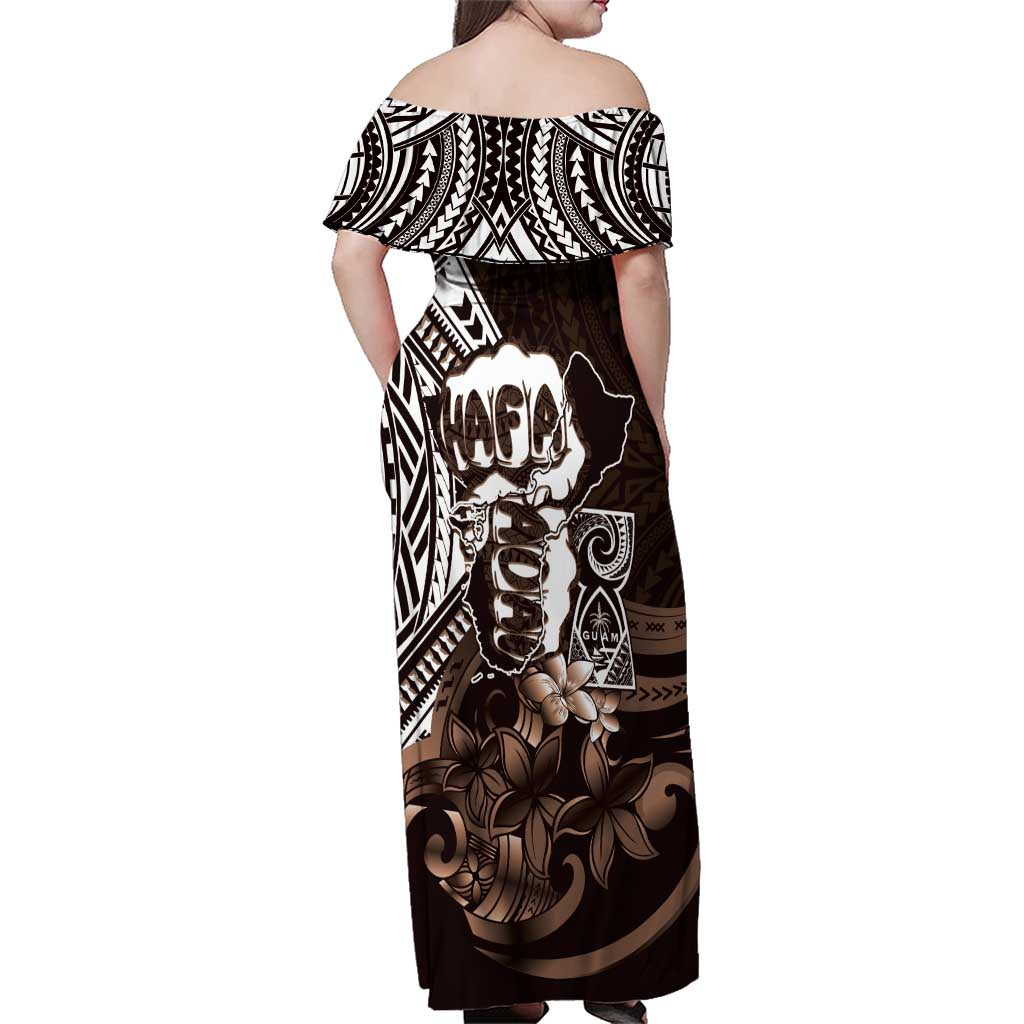 Hafa Adai Guam Discovery Day Family Matching Off Shoulder Maxi Dress and Hawaiian Shirt Chamorro Latte Stone Hand Brown Version