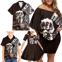 Hafa Adai Guam Discovery Day Family Matching Off Shoulder Short Dress and Hawaiian Shirt Chamorro Latte Stone Hand Brown Version