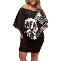 Hafa Adai Guam Discovery Day Family Matching Off Shoulder Short Dress and Hawaiian Shirt Chamorro Latte Stone Hand Brown Version