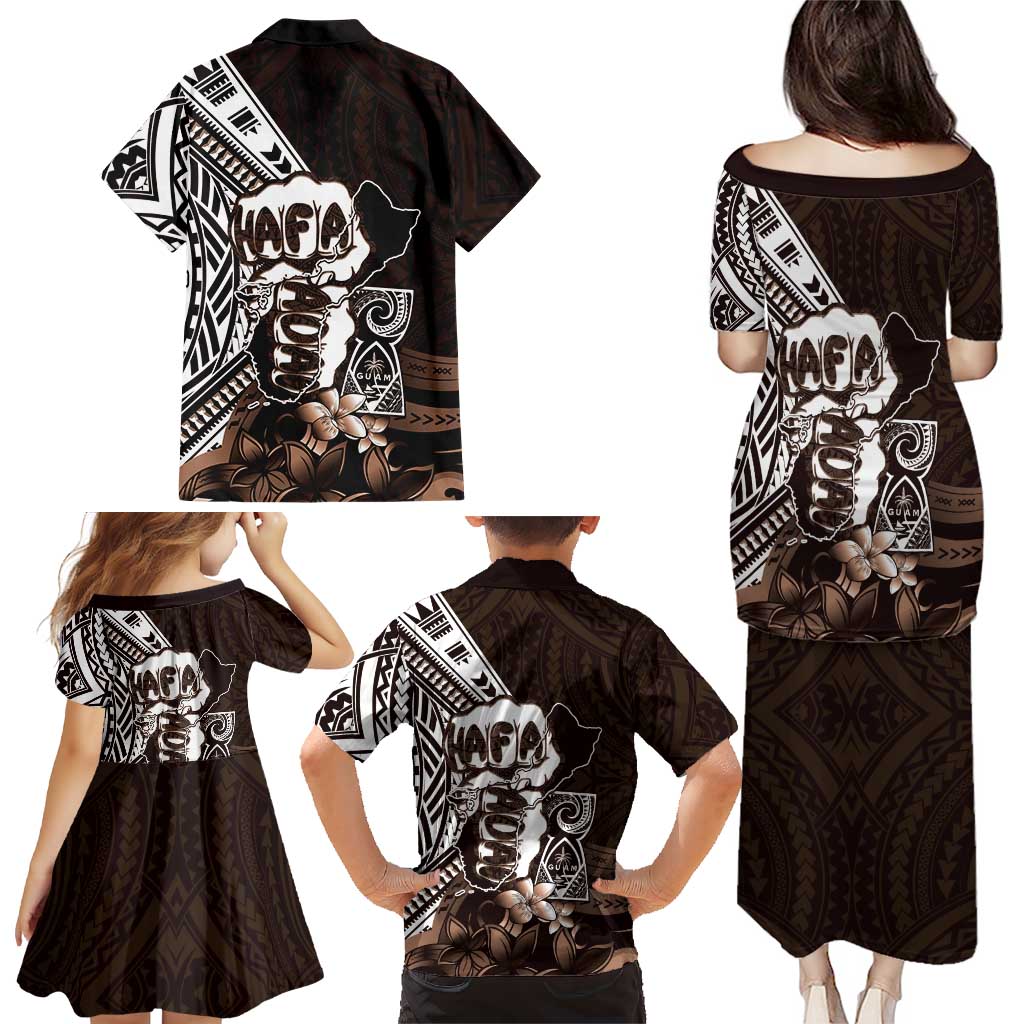 Hafa Adai Guam Discovery Day Family Matching Puletasi and Hawaiian Shirt Chamorro Latte Stone Hand Brown Version
