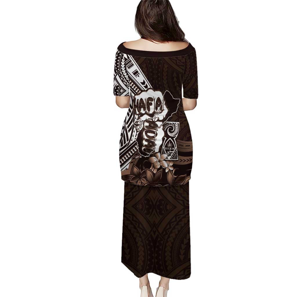 Hafa Adai Guam Discovery Day Family Matching Puletasi and Hawaiian Shirt Chamorro Latte Stone Hand Brown Version