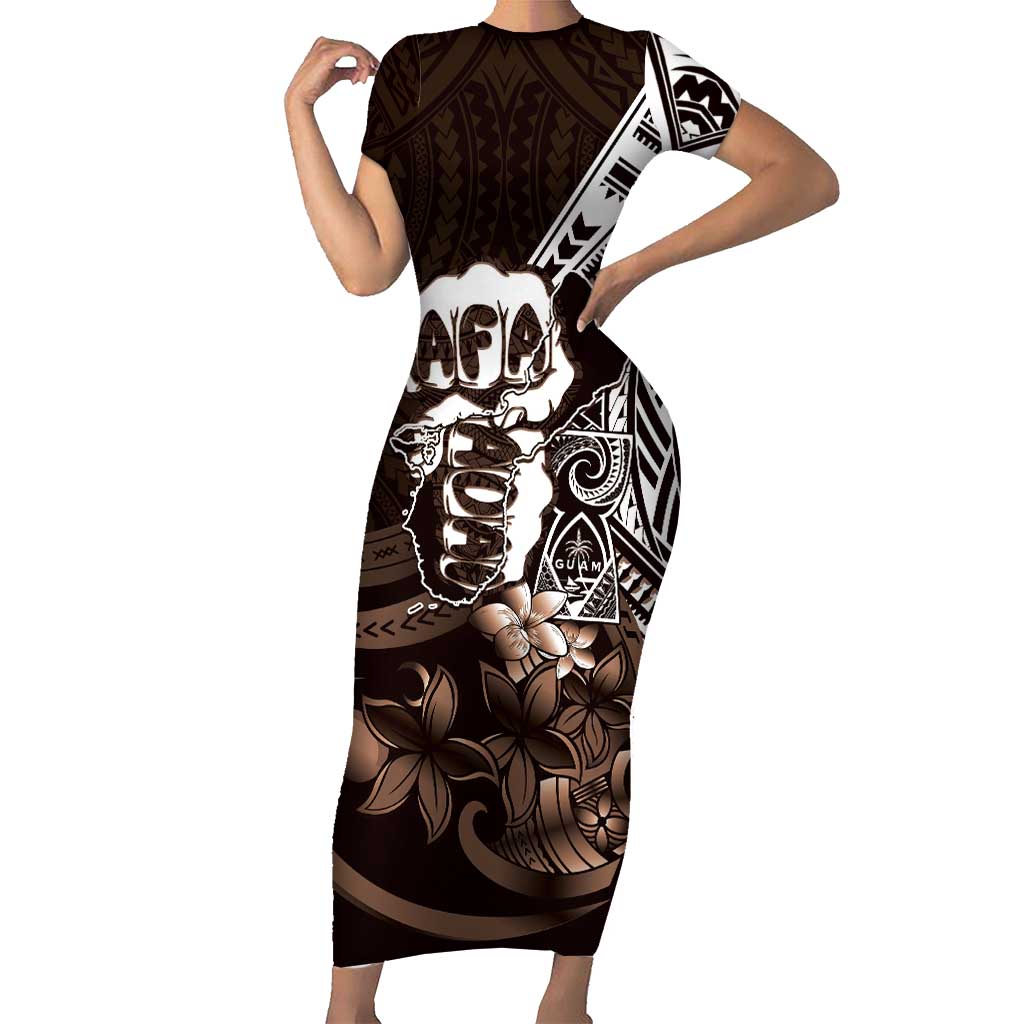Hafa Adai Guam Discovery Day Family Matching Short Sleeve Bodycon Dress and Hawaiian Shirt Chamorro Latte Stone Hand Brown Version