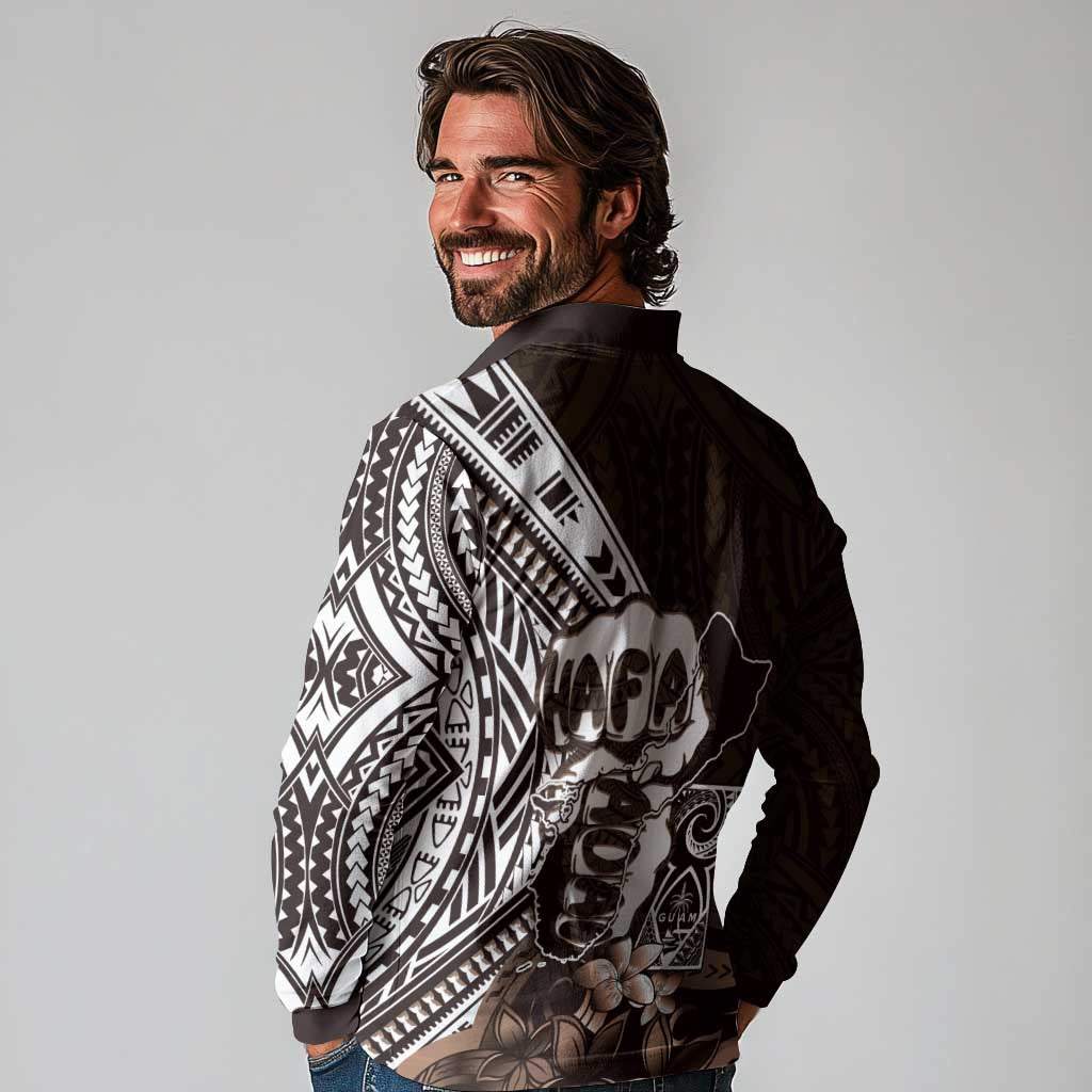 Hafa Adai Guam Discovery Day Long Sleeve Polo Shirt Chamorro Latte Stone Hand Brown Version
