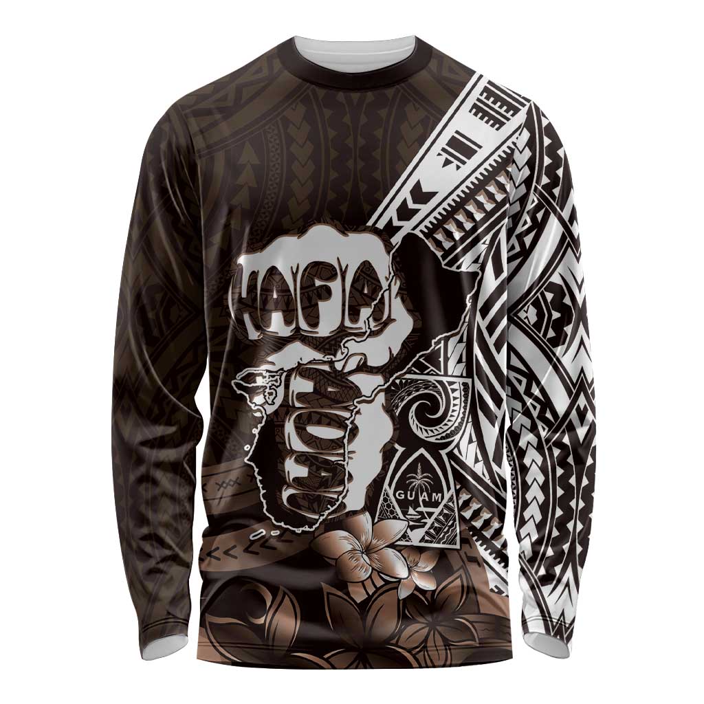 Hafa Adai Guam Discovery Day Long Sleeve Shirt Chamorro Latte Stone Hand Brown Version