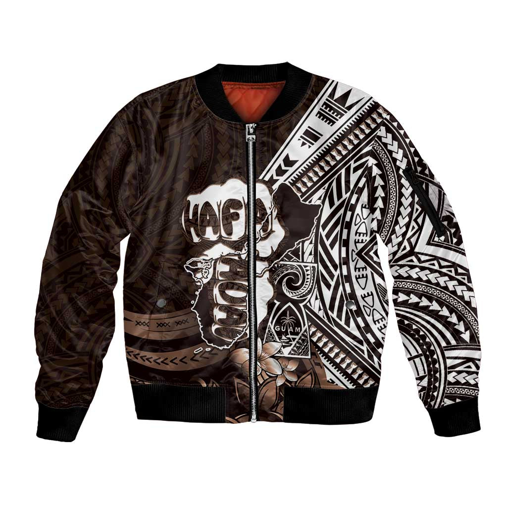 Hafa Adai Guam Discovery Day Sleeve Zip Bomber Jacket Chamorro Latte Stone Hand Brown Version