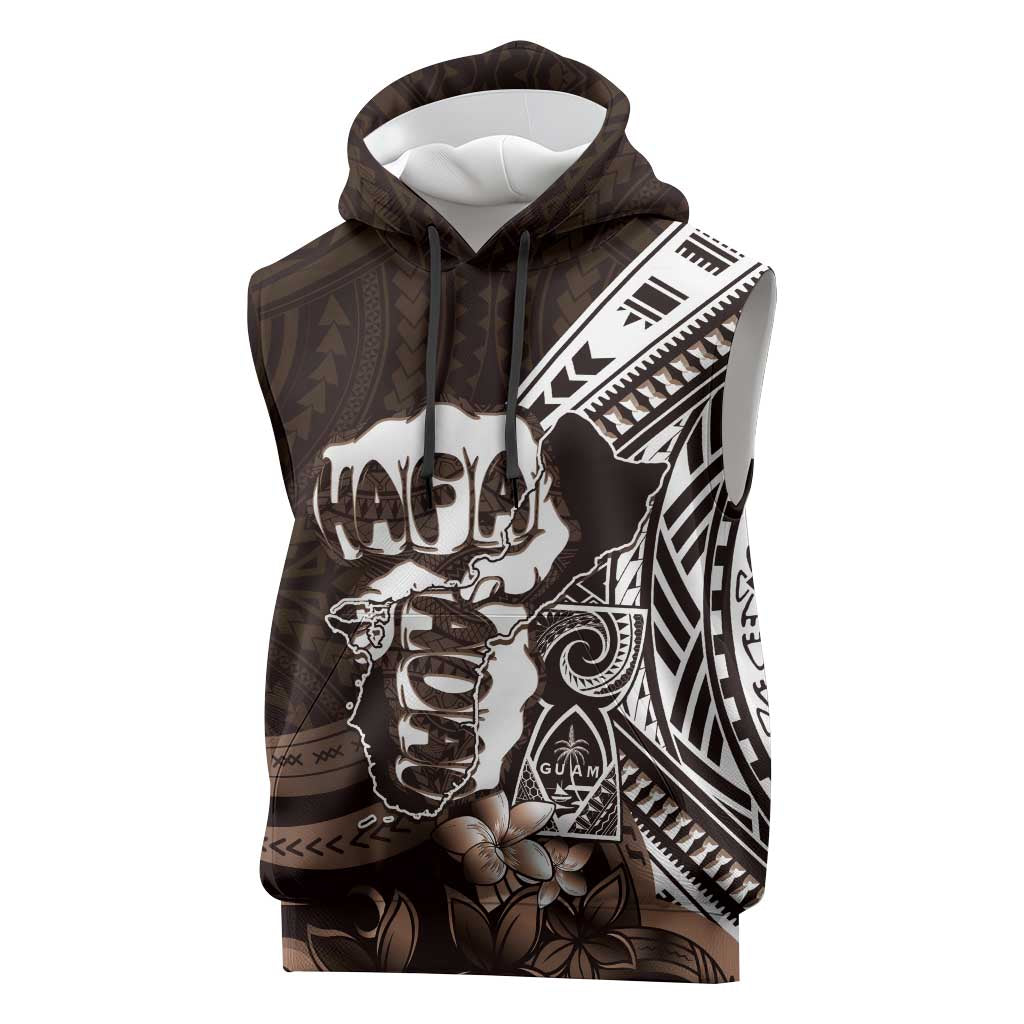Hafa Adai Guam Discovery Day Sleeveless Hoodie Chamorro Latte Stone Hand Brown Version LT14 Brown - Polynesian Pride