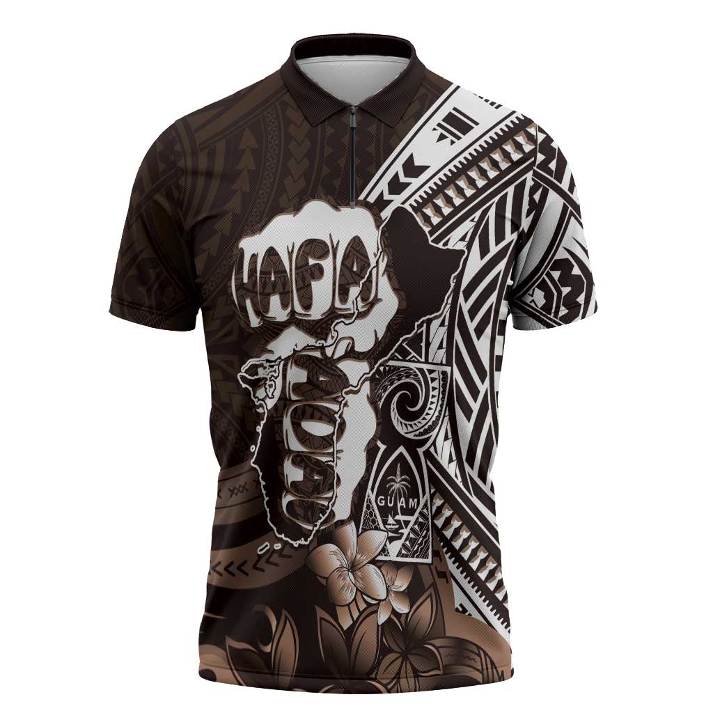 Hafa Adai Guam Discovery Day Zipper Polo Shirt Chamorro Latte Stone Hand Brown Version
