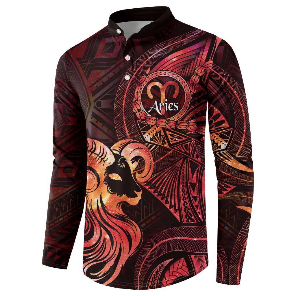 Personalised Polynesia Zodiac Aries Button Sweatshirt Galaxy Polynesian Pattern Chest Tattoo Style
