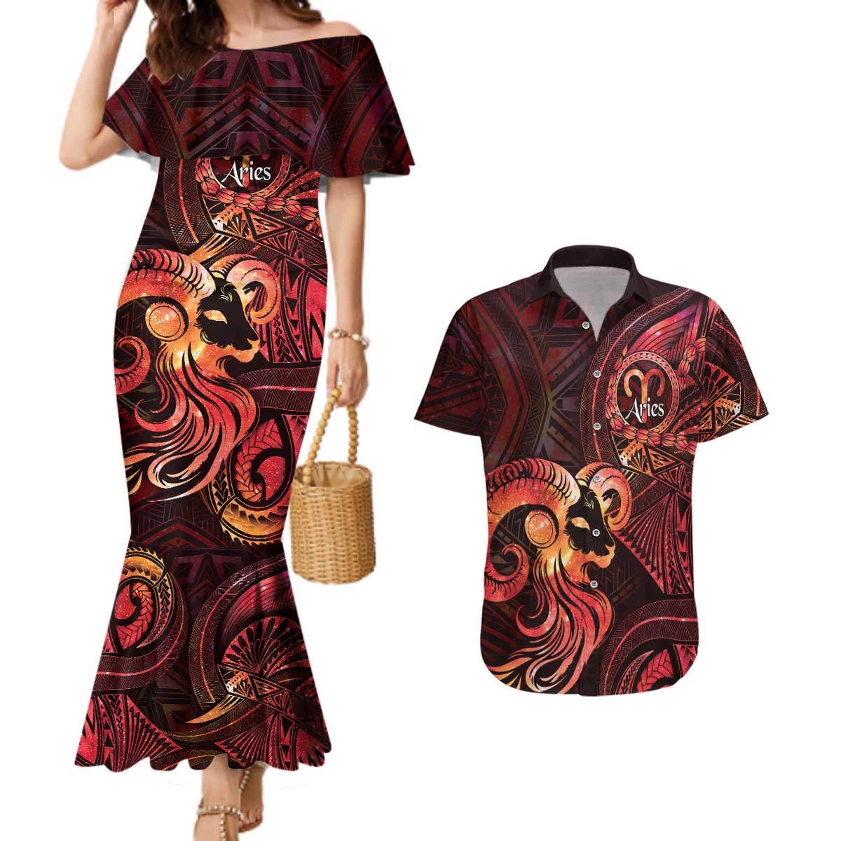 Personalised Polynesia Zodiac Aries Couples Matching Mermaid Dress and Hawaiian Shirt Galaxy Polynesian Pattern Chest Tattoo Style
