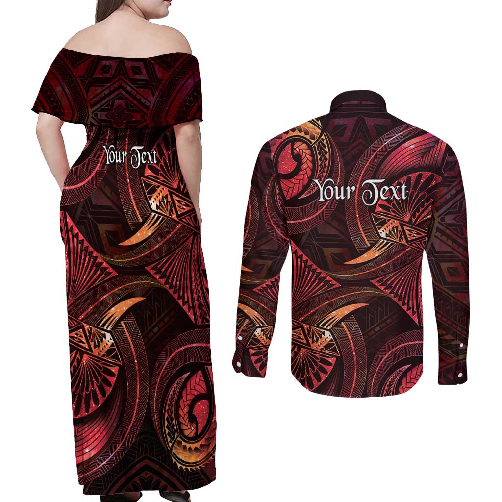 Personalised Polynesia Zodiac Aries Couples Matching Off Shoulder Maxi Dress and Long Sleeve Button Shirt Galaxy Polynesian Pattern Chest Tattoo Style