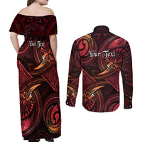 Personalised Polynesia Zodiac Aries Couples Matching Off Shoulder Maxi Dress and Long Sleeve Button Shirt Galaxy Polynesian Pattern Chest Tattoo Style