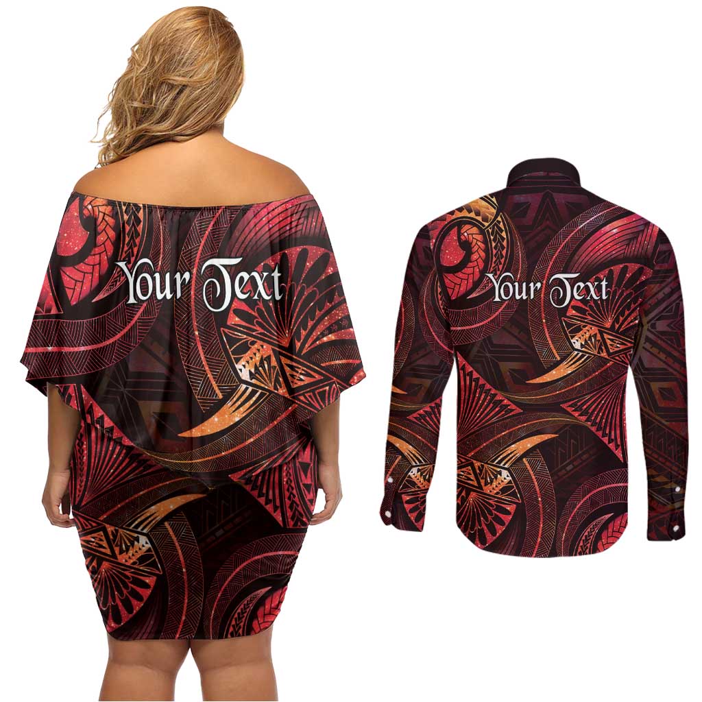 Personalised Polynesia Zodiac Aries Couples Matching Off Shoulder Short Dress and Long Sleeve Button Shirt Galaxy Polynesian Pattern Chest Tattoo Style