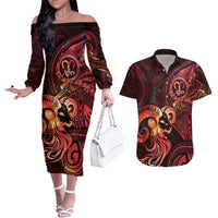 Personalised Polynesia Zodiac Aries Couples Matching Off The Shoulder Long Sleeve Dress and Hawaiian Shirt Galaxy Polynesian Pattern Chest Tattoo Style