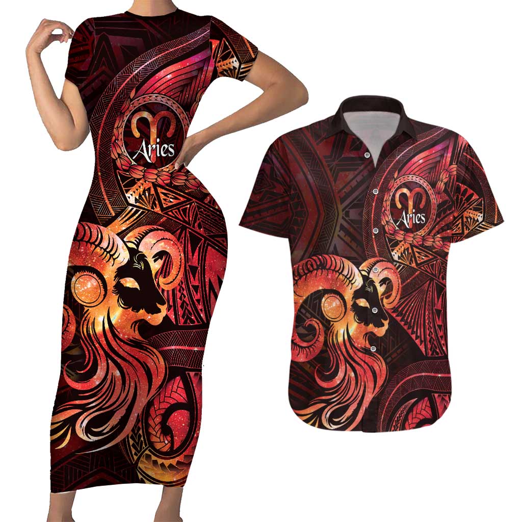 Personalised Polynesia Zodiac Aries Couples Matching Short Sleeve Bodycon Dress and Hawaiian Shirt Galaxy Polynesian Pattern Chest Tattoo Style LT14 Red - Polynesian Pride