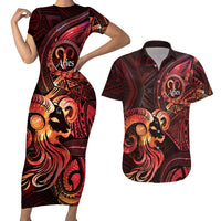Personalised Polynesia Zodiac Aries Couples Matching Short Sleeve Bodycon Dress and Hawaiian Shirt Galaxy Polynesian Pattern Chest Tattoo Style LT14 Red - Polynesian Pride