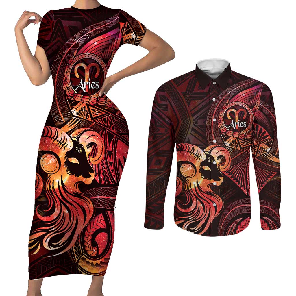 Personalised Polynesia Zodiac Aries Couples Matching Short Sleeve Bodycon Dress and Long Sleeve Button Shirt Galaxy Polynesian Pattern Chest Tattoo Style LT14 Red - Polynesian Pride