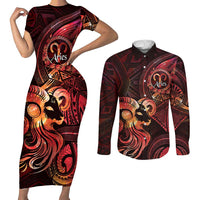 Personalised Polynesia Zodiac Aries Couples Matching Short Sleeve Bodycon Dress and Long Sleeve Button Shirt Galaxy Polynesian Pattern Chest Tattoo Style LT14 Red - Polynesian Pride