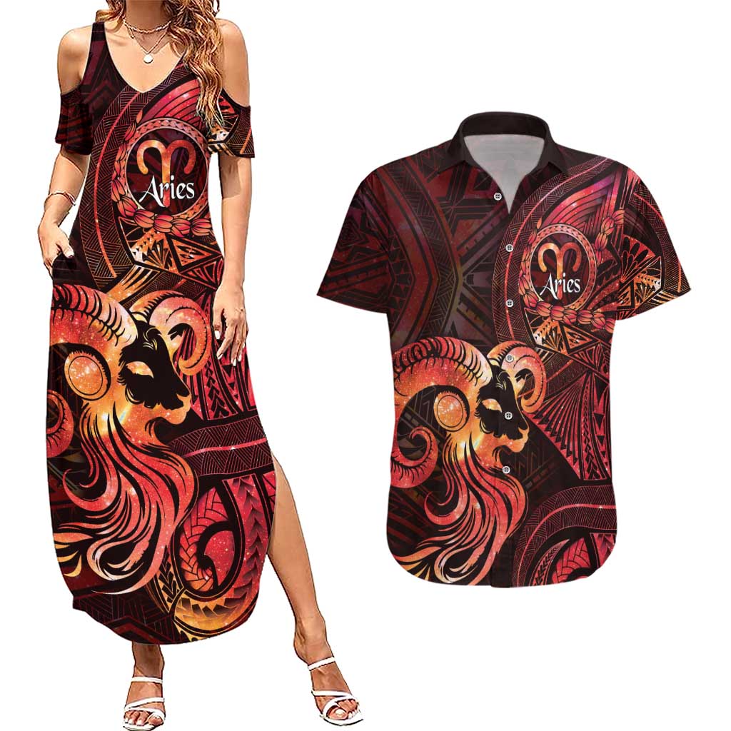 Personalised Polynesia Zodiac Aries Couples Matching Summer Maxi Dress and Hawaiian Shirt Galaxy Polynesian Pattern Chest Tattoo Style