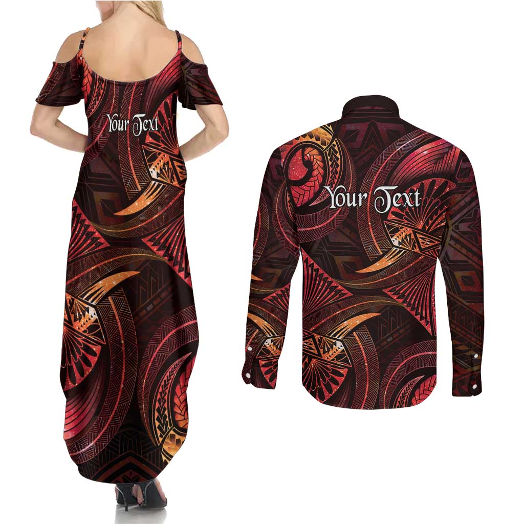 Personalised Polynesia Zodiac Aries Couples Matching Summer Maxi Dress and Long Sleeve Button Shirt Galaxy Polynesian Pattern Chest Tattoo Style