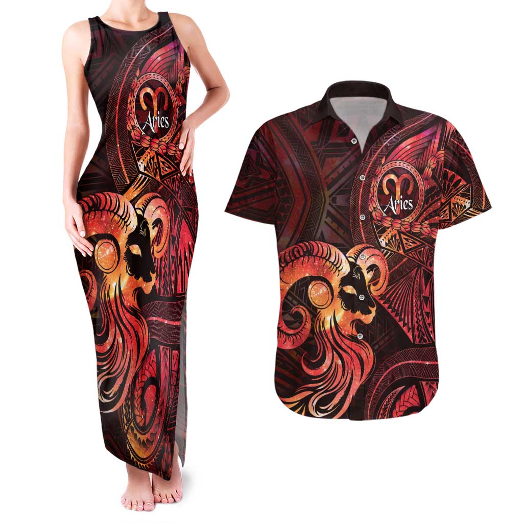 Personalised Polynesia Zodiac Aries Couples Matching Tank Maxi Dress and Hawaiian Shirt Galaxy Polynesian Pattern Chest Tattoo Style