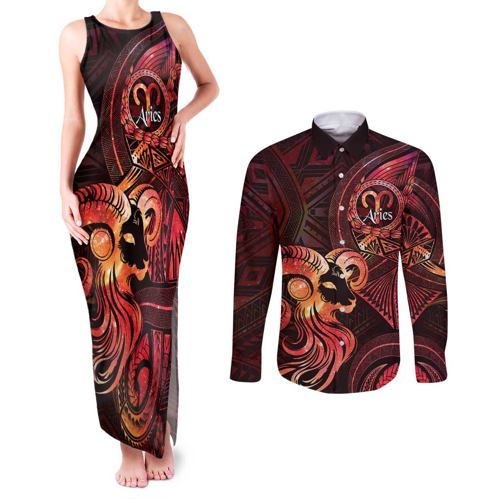 Personalised Polynesia Zodiac Aries Couples Matching Tank Maxi Dress and Long Sleeve Button Shirt Galaxy Polynesian Pattern Chest Tattoo Style