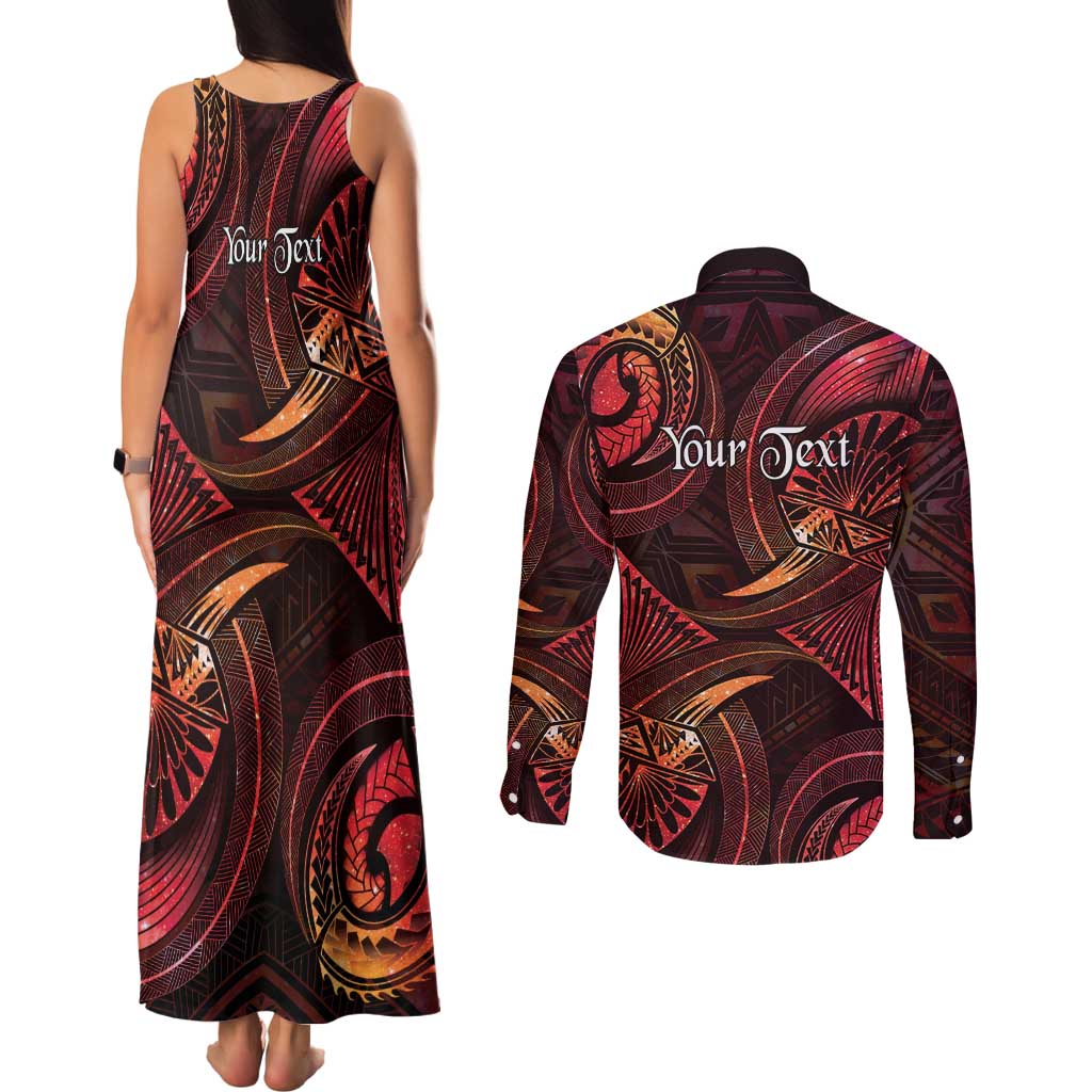 Personalised Polynesia Zodiac Aries Couples Matching Tank Maxi Dress and Long Sleeve Button Shirt Galaxy Polynesian Pattern Chest Tattoo Style