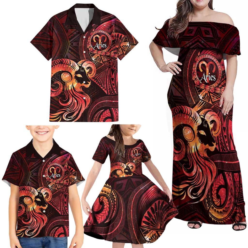 Personalised Polynesia Zodiac Aries Family Matching Off Shoulder Maxi Dress and Hawaiian Shirt Galaxy Polynesian Pattern Chest Tattoo Style