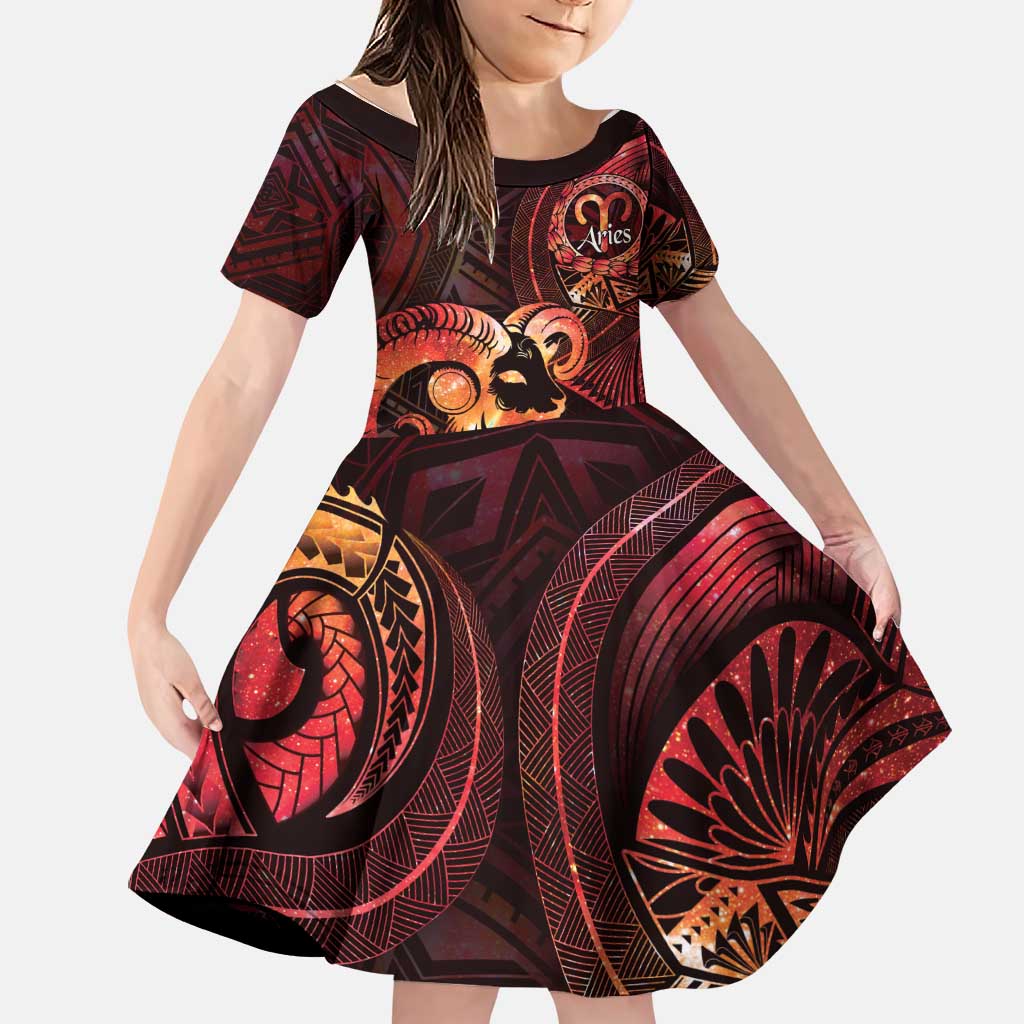 Personalised Polynesia Zodiac Aries Family Matching Puletasi and Hawaiian Shirt Galaxy Polynesian Pattern Chest Tattoo Style LT14 Daughter's Dress Red - Polynesian Pride