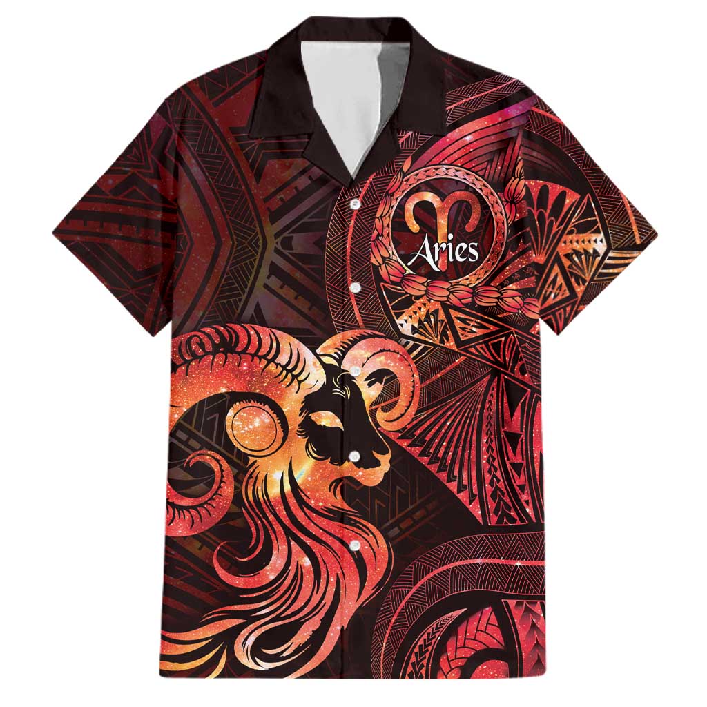 Personalised Polynesia Zodiac Aries Family Matching Puletasi and Hawaiian Shirt Galaxy Polynesian Pattern Chest Tattoo Style LT14 Dad's Shirt - Short Sleeve Red - Polynesian Pride