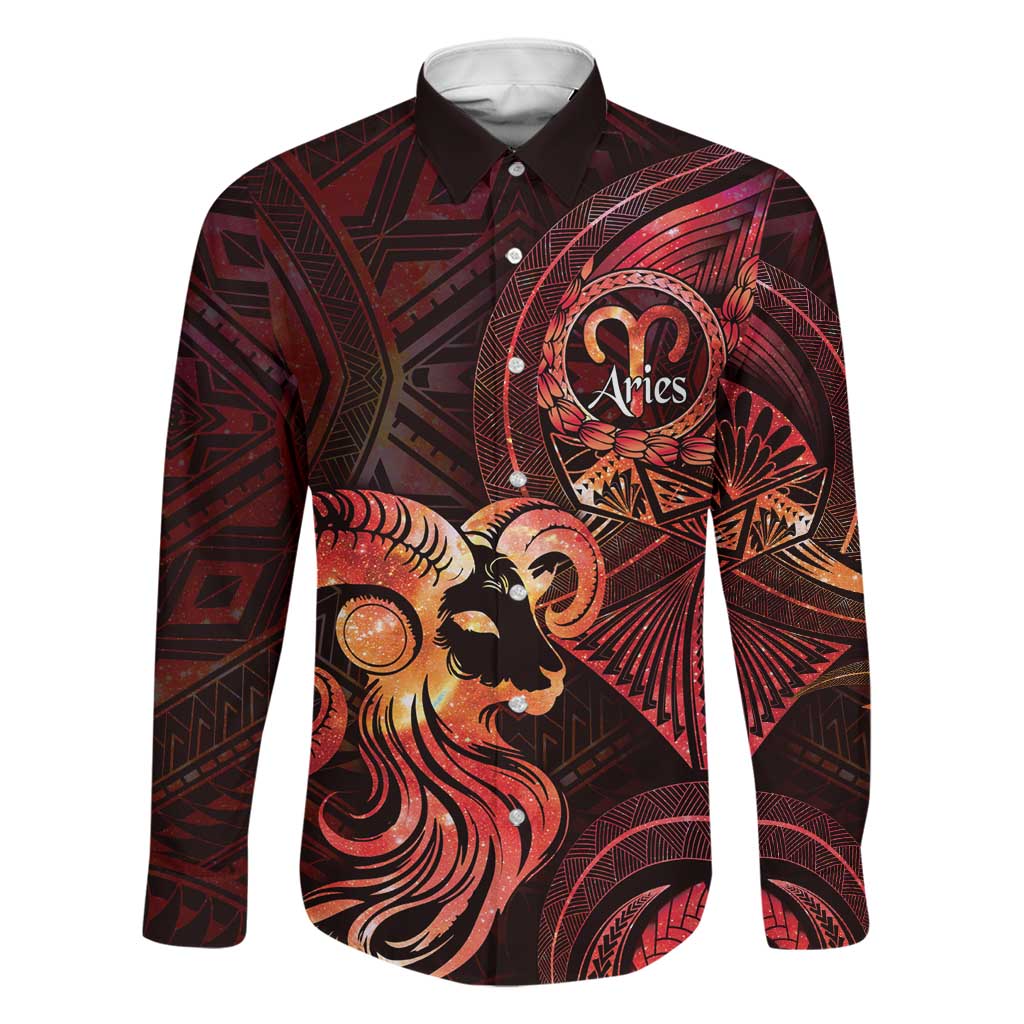 Personalised Polynesia Zodiac Aries Family Matching Puletasi and Hawaiian Shirt Galaxy Polynesian Pattern Chest Tattoo Style LT14 Dad's Shirt - Long Sleeve Red - Polynesian Pride