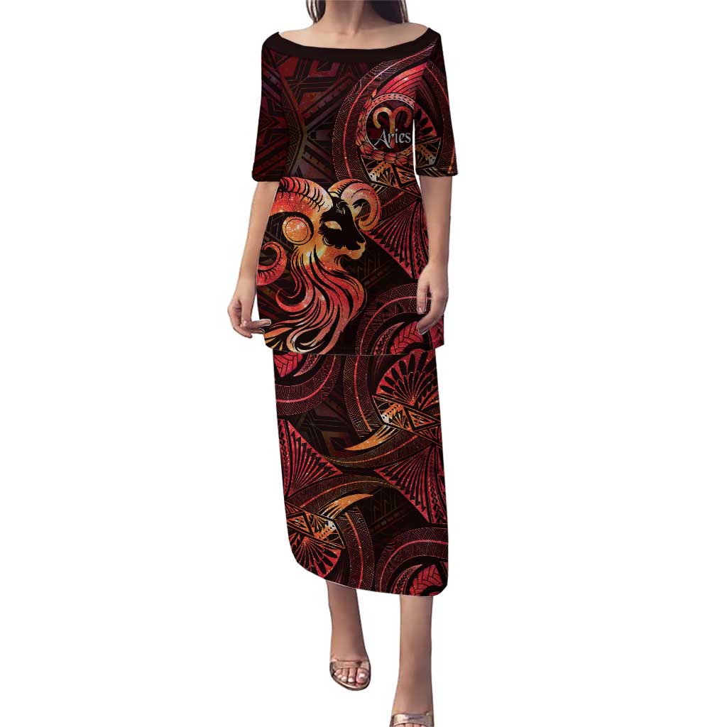 Personalised Polynesia Zodiac Aries Family Matching Puletasi and Hawaiian Shirt Galaxy Polynesian Pattern Chest Tattoo Style LT14 Mom's Dress Red - Polynesian Pride