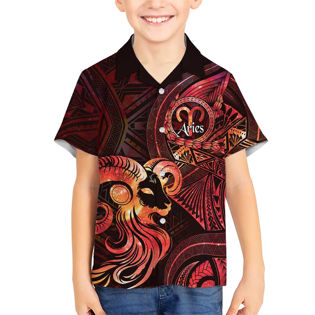 Personalised Polynesia Zodiac Aries Family Matching Puletasi and Hawaiian Shirt Galaxy Polynesian Pattern Chest Tattoo Style LT14 Son's Shirt Red - Polynesian Pride