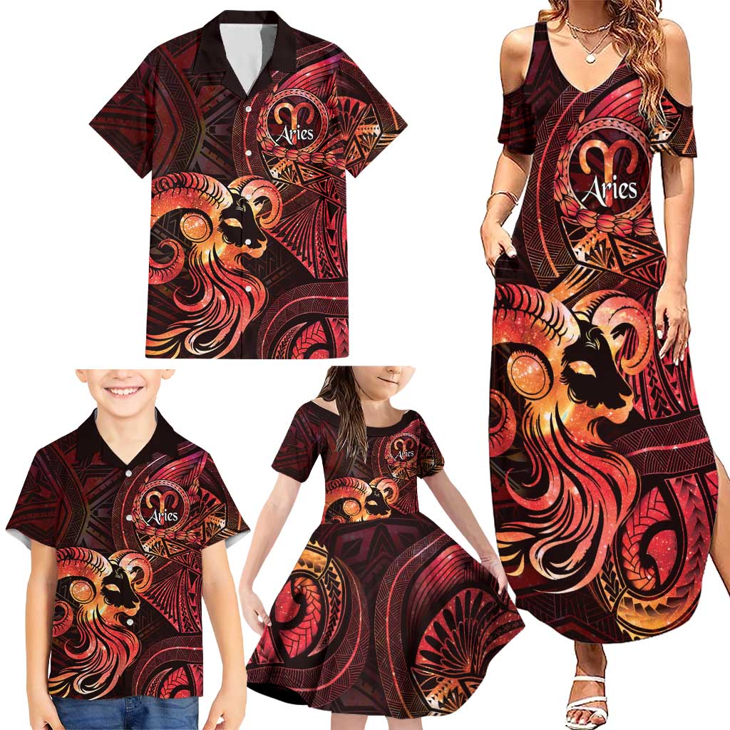 Personalised Polynesia Zodiac Aries Family Matching Summer Maxi Dress and Hawaiian Shirt Galaxy Polynesian Pattern Chest Tattoo Style