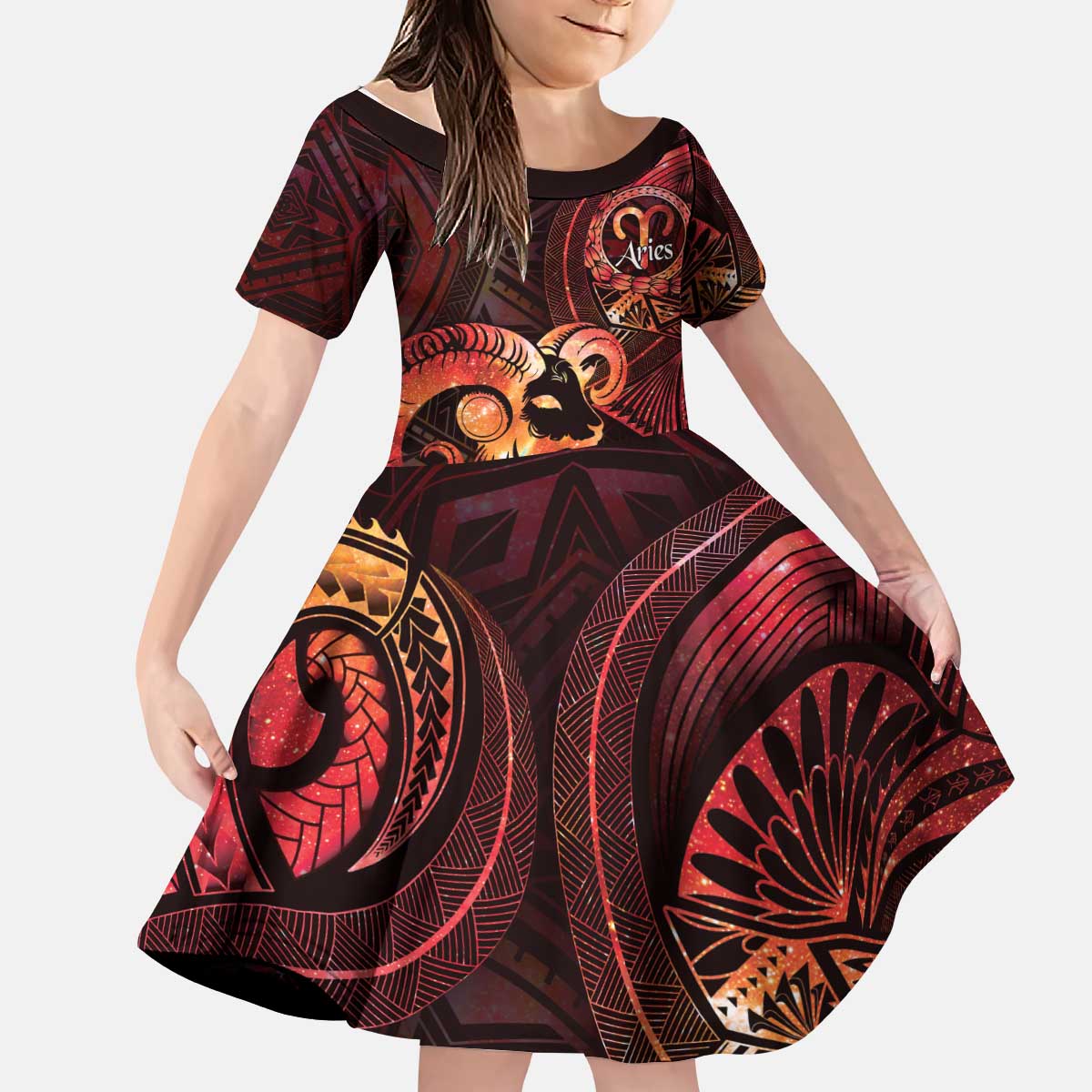 Personalised Polynesia Zodiac Aries Kid Short Sleeve Dress Galaxy Polynesian Pattern Chest Tattoo Style