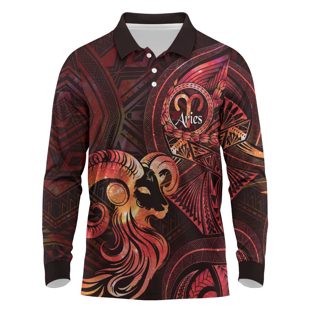 Personalised Polynesia Zodiac Aries Long Sleeve Polo Shirt Galaxy Polynesian Pattern Chest Tattoo Style