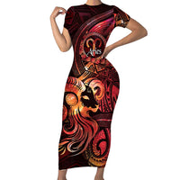 Personalised Polynesia Zodiac Aries Short Sleeve Bodycon Dress Galaxy Polynesian Pattern Chest Tattoo Style LT14 Long Dress Red - Polynesian Pride