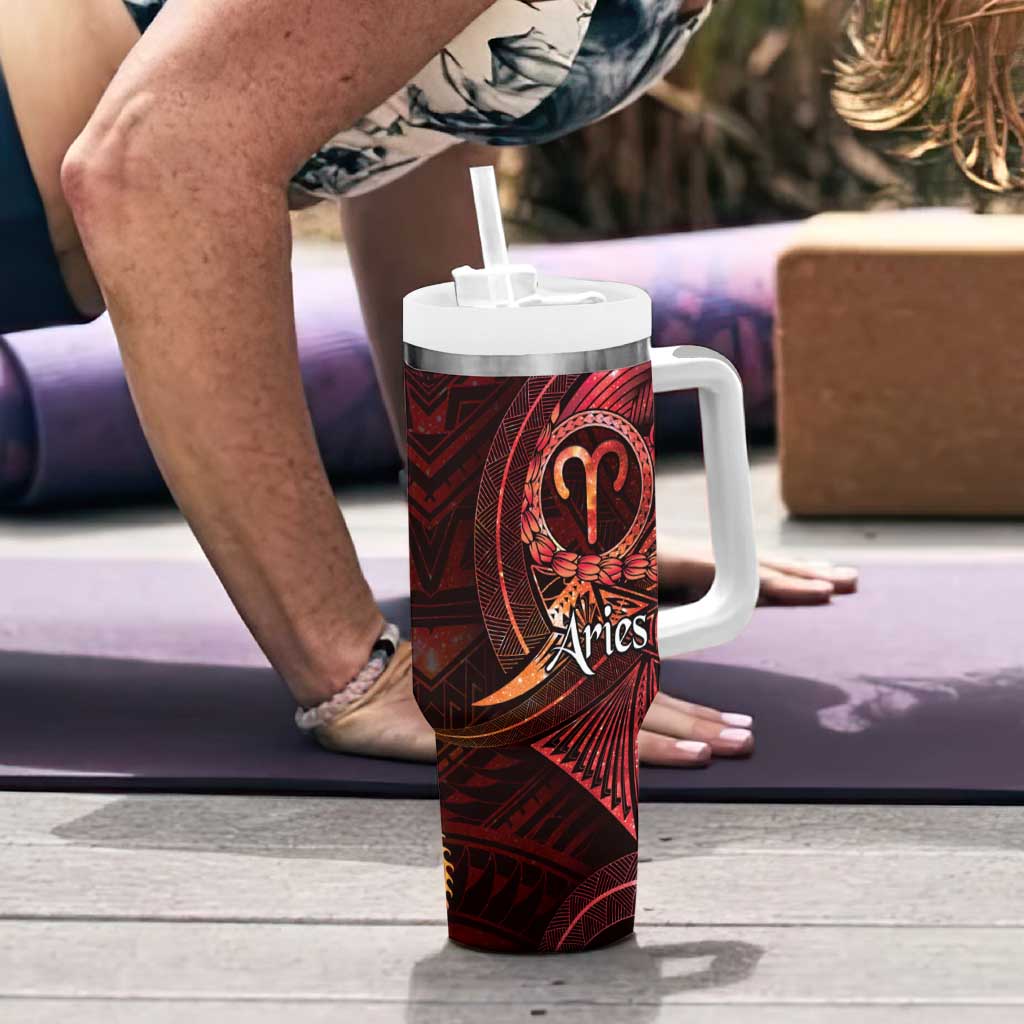 Personalised Polynesia Zodiac Aries Tumbler With Handle Galaxy Polynesian Pattern Chest Tattoo Style