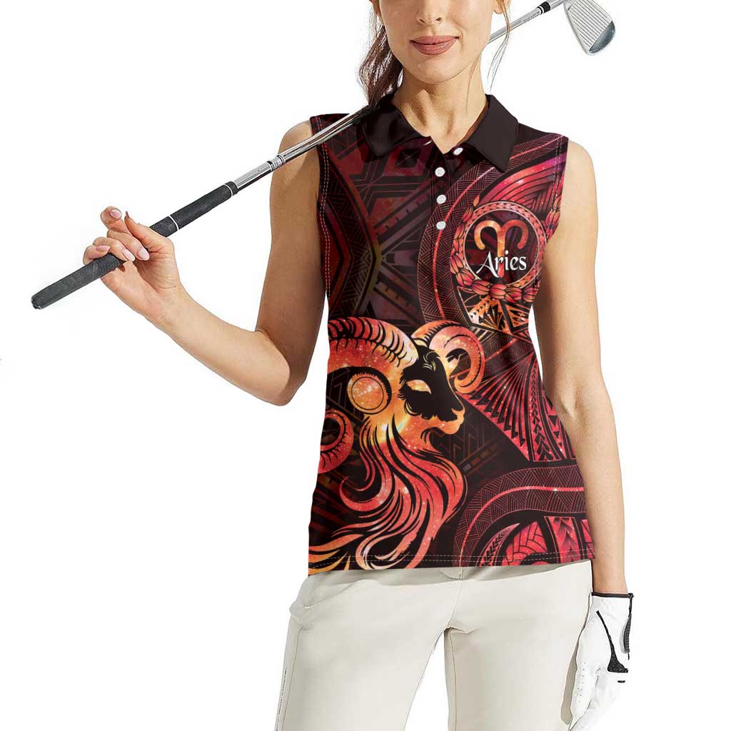 Personalised Polynesia Zodiac Aries Women Sleeveless Polo Shirt Galaxy Polynesian Pattern Chest Tattoo Style
