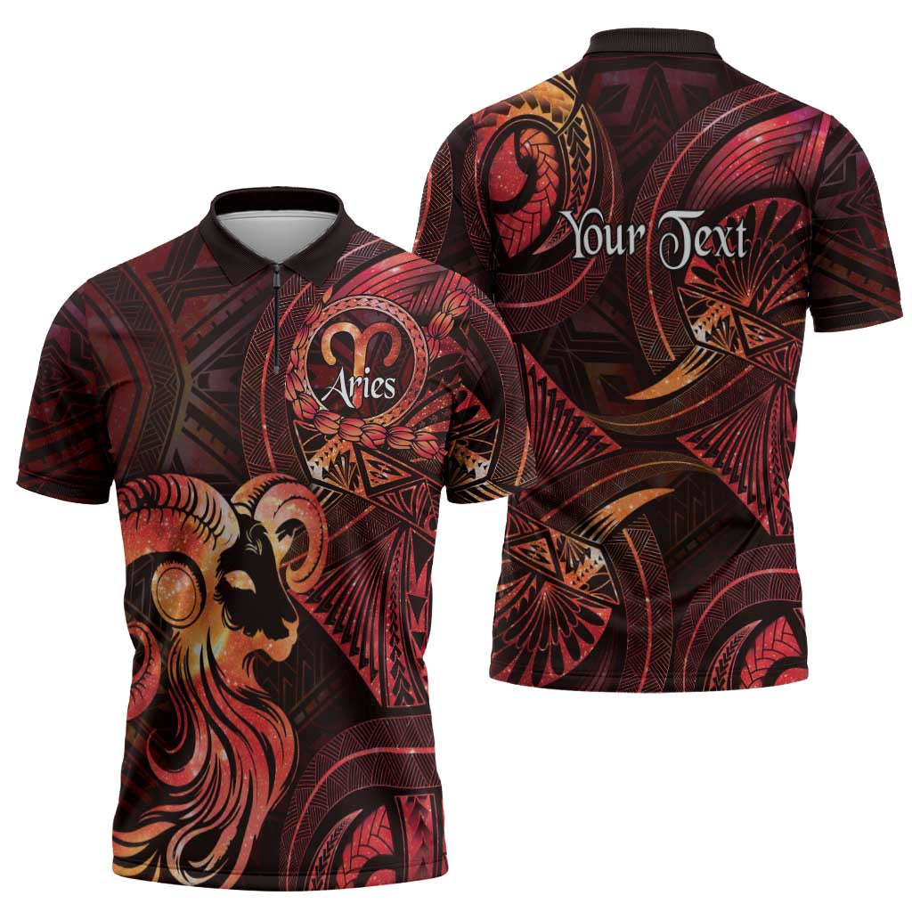 Personalised Polynesia Zodiac Aries Zipper Polo Shirt Galaxy Polynesian Pattern Chest Tattoo Style