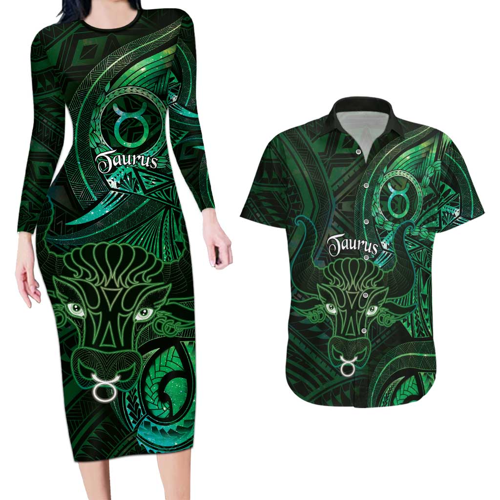 Personalised Polynesia Zodiac Taurus Couples Matching Long Sleeve Bodycon Dress and Hawaiian Shirt Galaxy Polynesian Pattern Chest Tattoo Style LT14 Green - Polynesian Pride