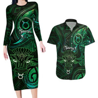 Personalised Polynesia Zodiac Taurus Couples Matching Long Sleeve Bodycon Dress and Hawaiian Shirt Galaxy Polynesian Pattern Chest Tattoo Style LT14 Green - Polynesian Pride